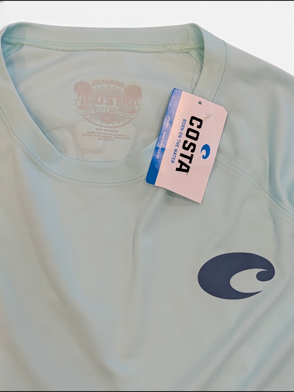NWT Costa Women’s Long-Sleeve SPF Swim Top - Light Aqua with Navy Logo - Picture 2 of 4